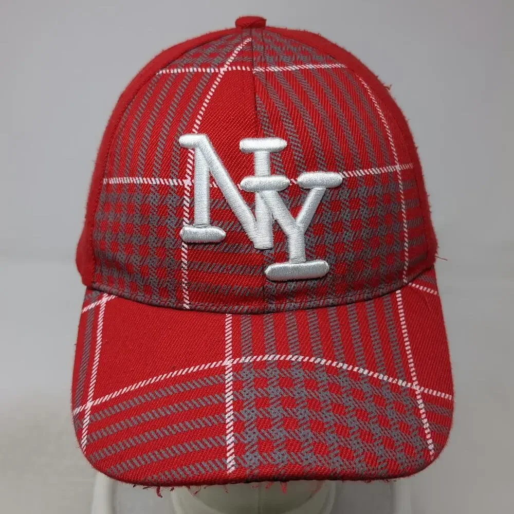 Red Baseball Cap One Size NY Logo Plaid Houndstooth Strapback Adjustable Hat